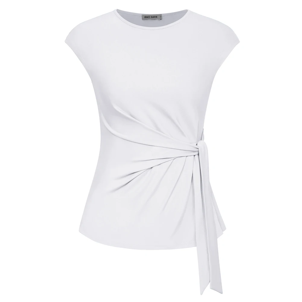 Gk kvinder bluser foran sløjfe knude dekorerede toppe klassiske kasketærmede rund hals pullover sommertoppe bluser femme: L / Khaki