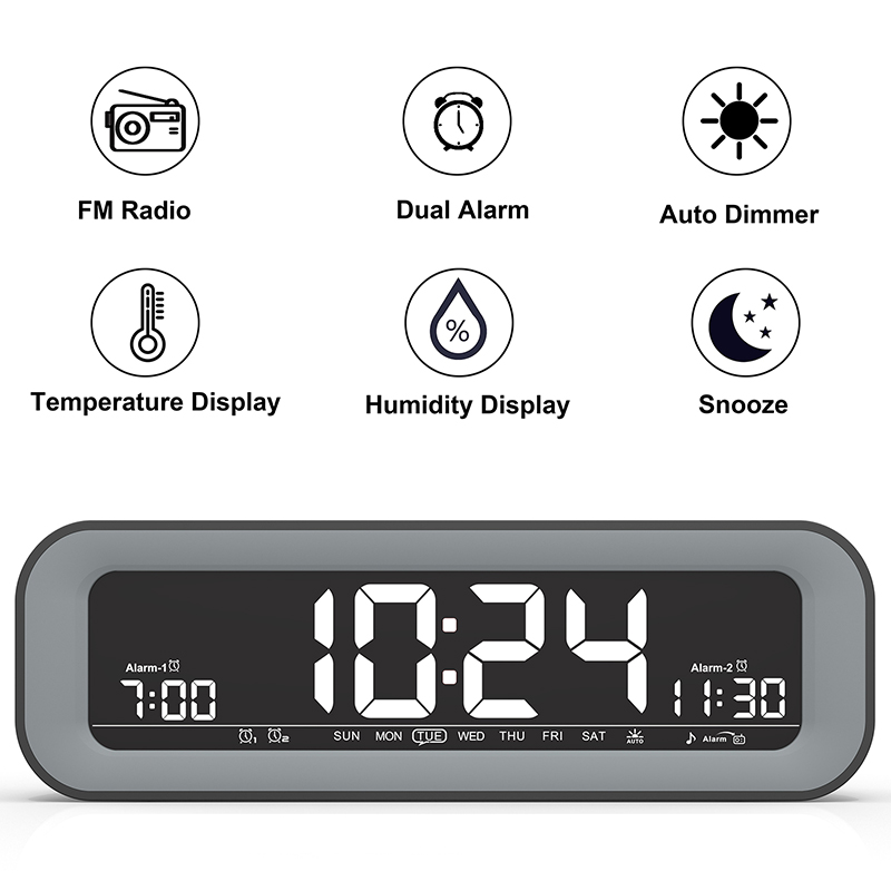 Digitaalinen kello led-taustavalolla fm-radiokello ajastimella ja lämpötilan suurella näytöllä kalenterikello kahdella hälytyksellä