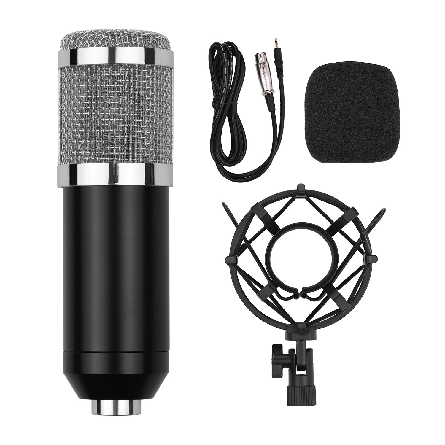 Cardioid Condenser Microphone Kit with Audio Cable Metal Shockproof Clamp High Sensitivity Low Noise Mic: Silver Black