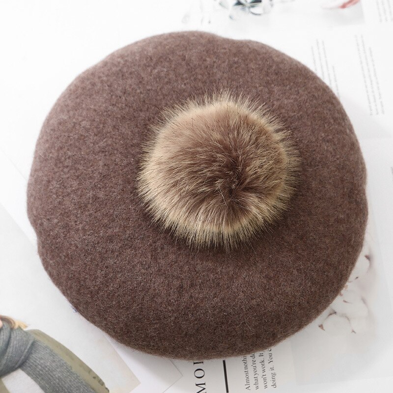 Vrouwelijke Winter Herfst Wollen Pompom Baret Hoed Effen Vrouwen Boina Franse Hoed Meisjes Outdoor Warm Baretten Schilder cap