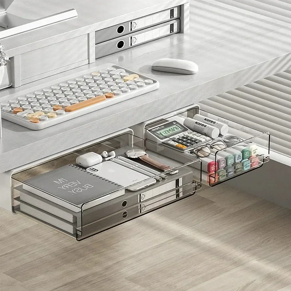 Under Desk Drawer Organizer Wardrobe Storage Transparent Drawing Box Self-Adhesive Hidden Undertable Drawers Office Table Locker