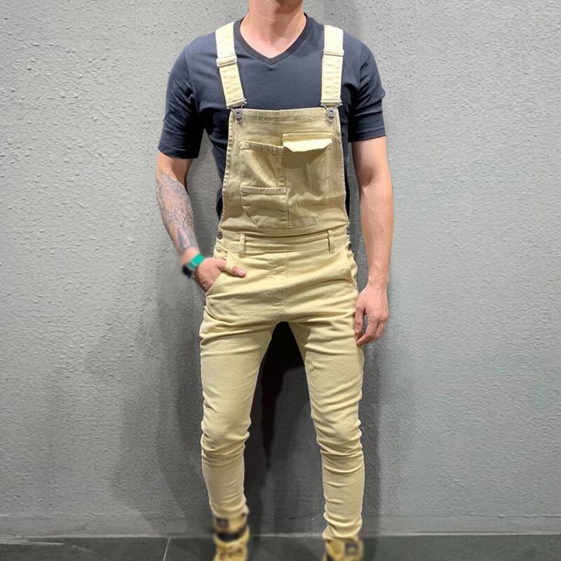Hommes Denim Jeans salopette salopette combinaison Slim Fit bavoir pantalon décontracté coréen vêtements combinaison hommes: Kaki / XXL
