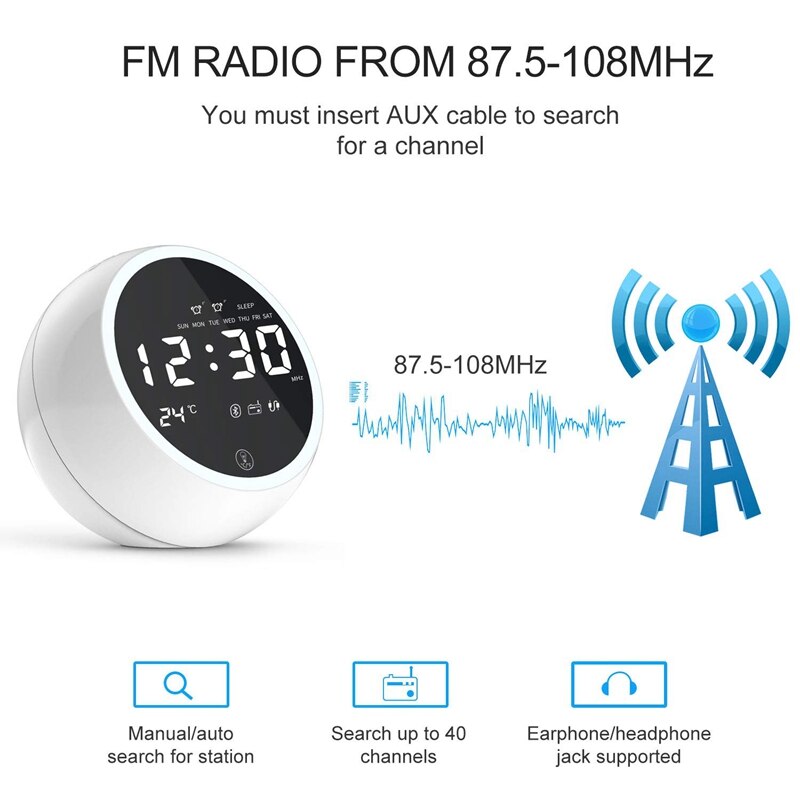 Digitale wekker, bluetooth speaker radiowekker voor slaapkamers, dubbele wekker met fm, twee usb-opladers, slaaptimer, temperatuur