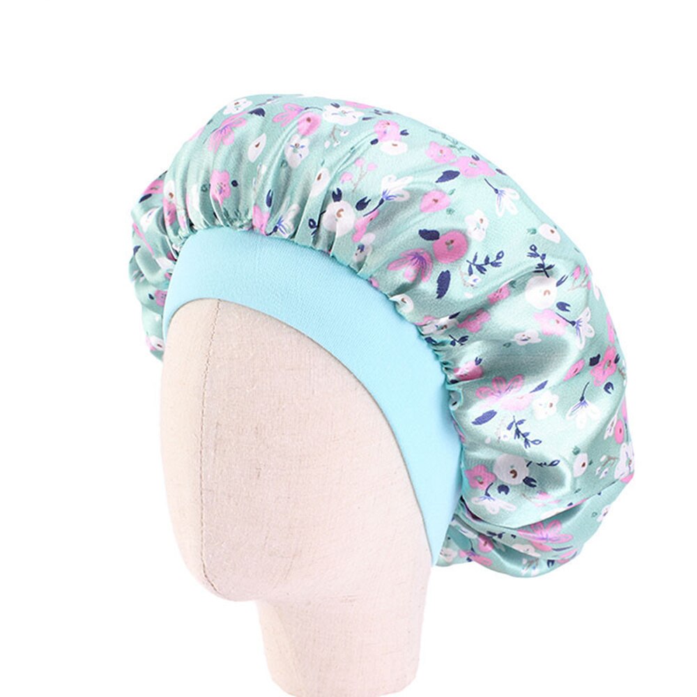 Cute Pattern Kids Satin Sleep Cap Bonnet Flower Printed Night Cap Turban Chemo Hat Girl's Wide Elastic Band Night Sleep Cap
