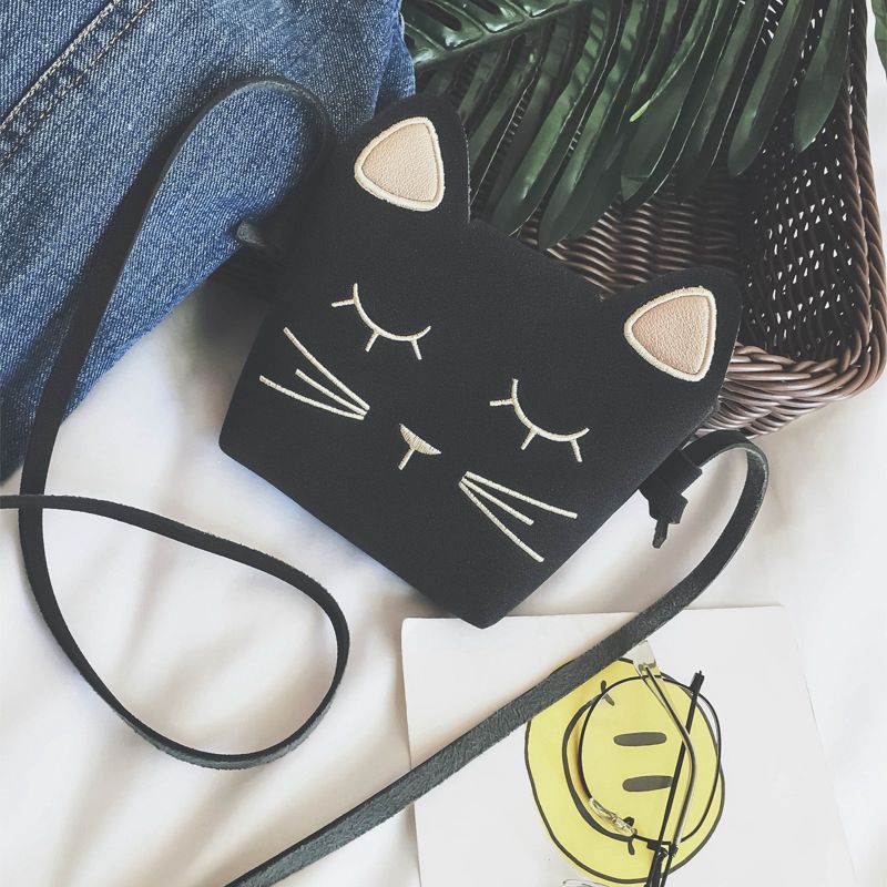Leuke Kat Meisjes Purse handtas Kinderen Kid Cross-body schoudertas Kerstcadeau, zwart