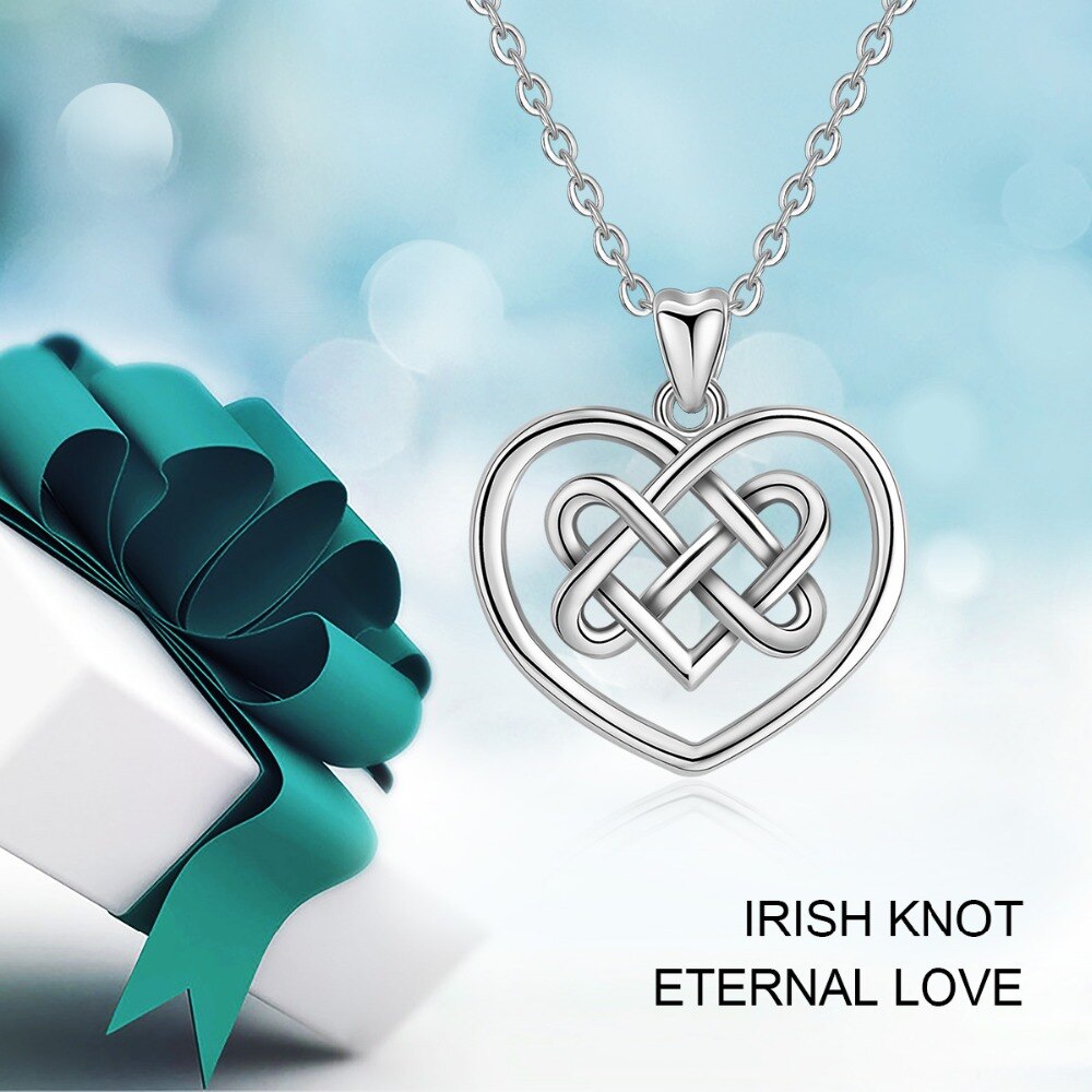 EUDORA 925 Sterling Silver Good Luck Irish Celtics love Knot Pendant Necklace Heart Charms For Women Girl Fine Jewelry D306