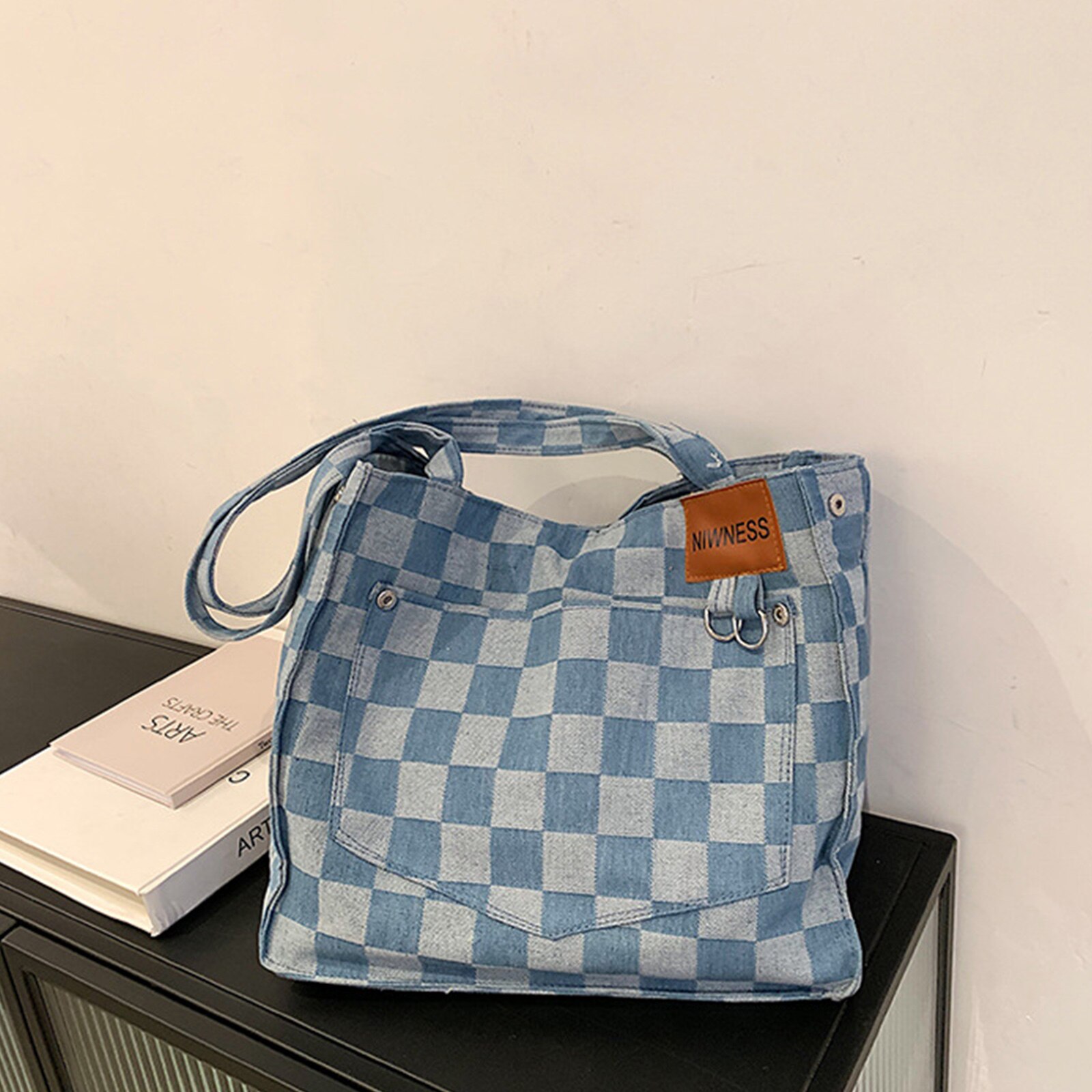 Bolso de hombro de gran capacidad para mujer, nueva de temperamento coreano, a cuadros, de lona, WB4047,: Light Blue