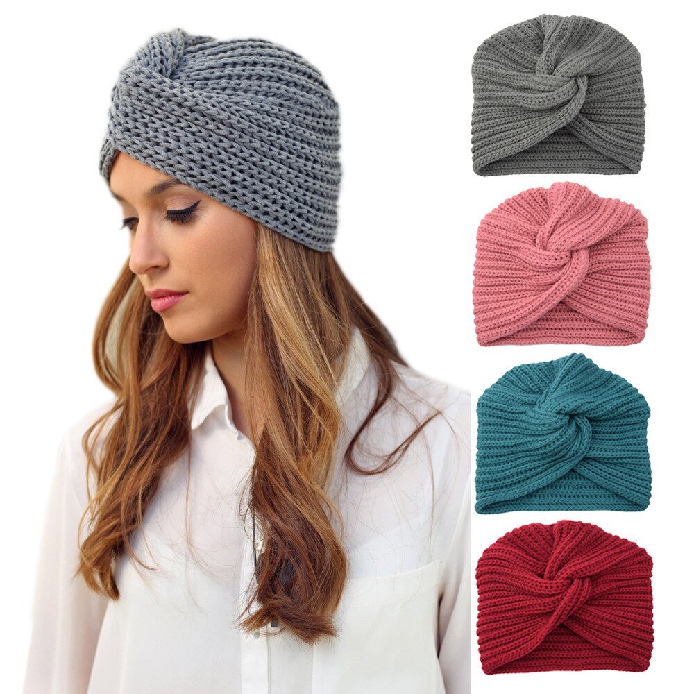 noeud Bandanas Turban automne hiver tricot Turban casquette solide Center croix femmes cheveux écharpes
