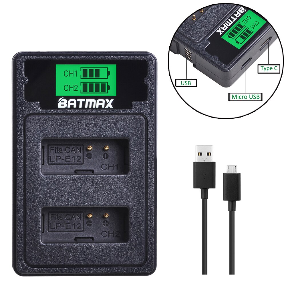 Batmax lp -e12 lpe 12 kamera batteri + lcd usb dual oplader med type c port til canon eos  m50,  eos  m100,100d kiss  x7 rebel  sl1