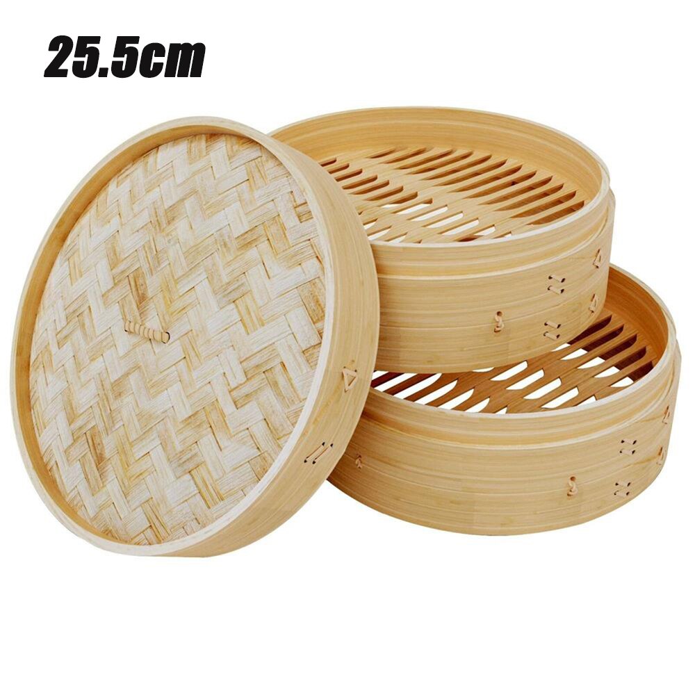 10/15/18/20/25.5cm 2 niveauer naturlig bambusbur dumpling damperkurv med låg bao bolle dampkogere køkken madlavningsredskaber: 25.5cm