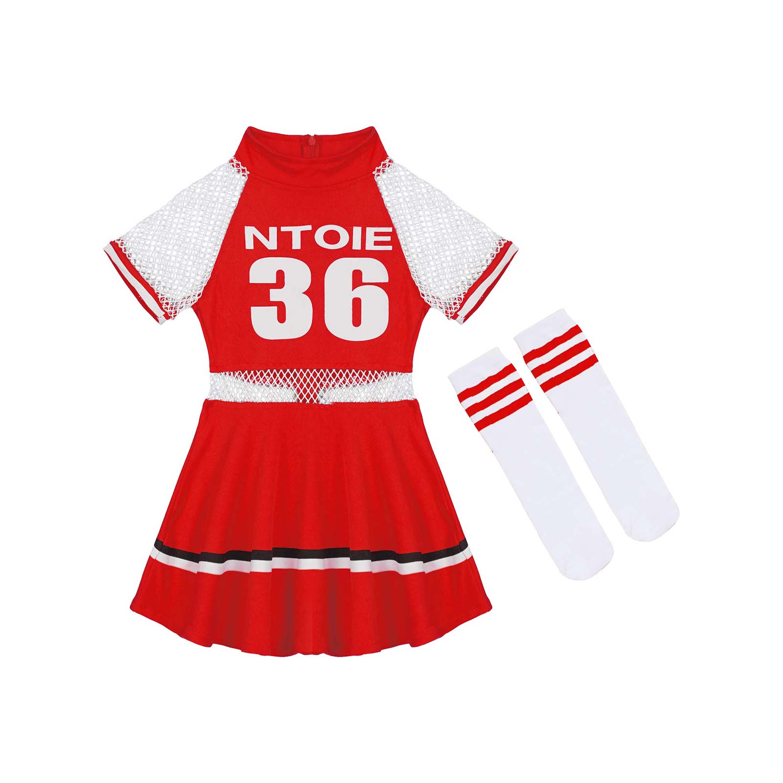 Cheerleader Uniform Kids Girls School Musical Team Suit Fishnet Short Sleeve Dance Dress with Socks Performance Clothes Sets: Red / 100