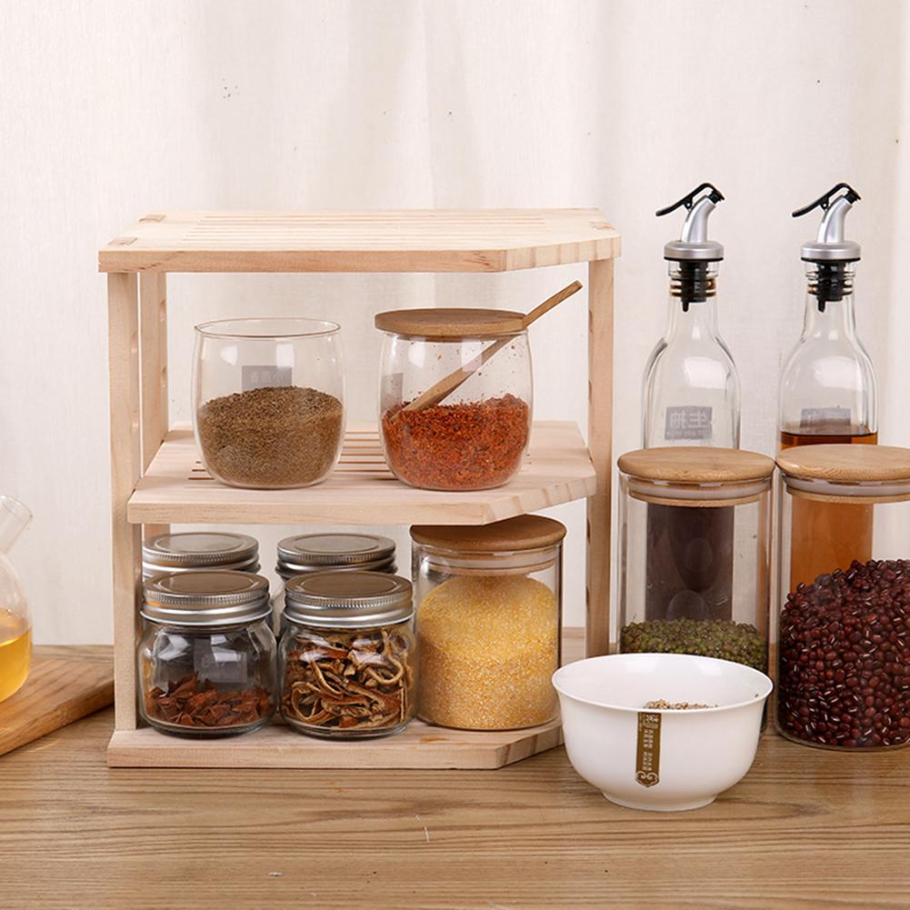 Home Bamboo Countertop 3 Tier Spice Shelf Organizer Multifunctional Corner Kitchen Freely Adjustable Storage Shelf Supplies