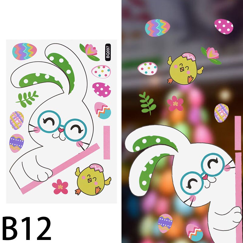 Pegatina de ventana de conejo de Pascua para decoración del hogar, Adhesivo de pared de huevo colorido, bonito pollo, conejo, suministros de de Primavera y Pascua: B12
