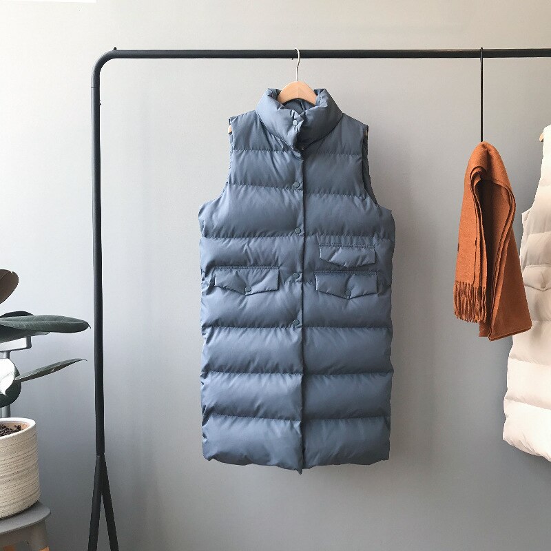 Höst vinter bomullsväst dam dam fritidsväst kvinnlig ärmlös lång väst jacka slim fit varm pufferrock: Blå / S