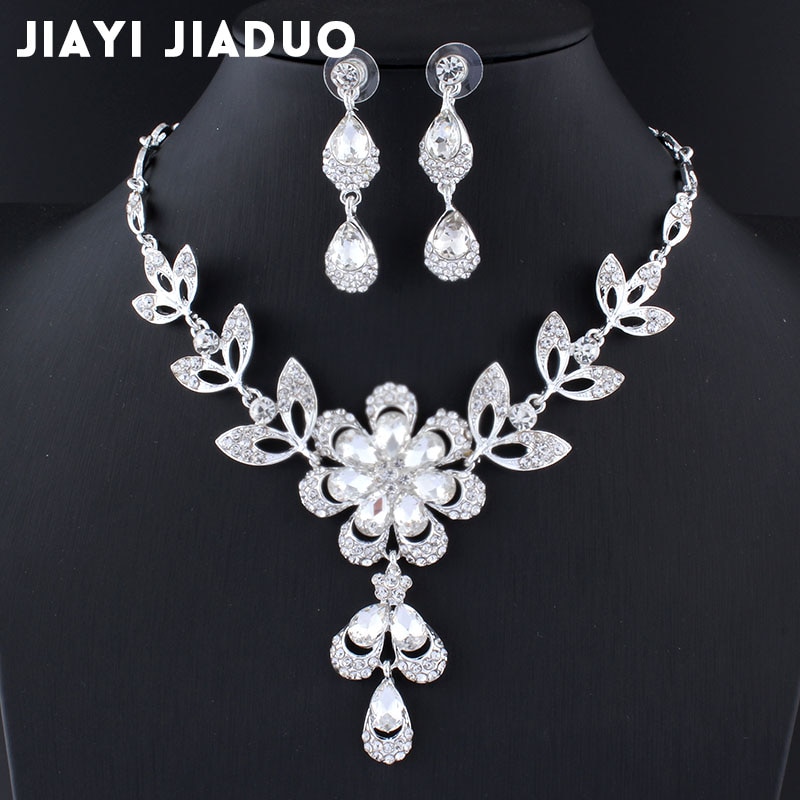 jiayijiaduo Simple Bridal jewelry sets Crystal Flowers Silver color necklace/earring set for women clothing wedding accessories