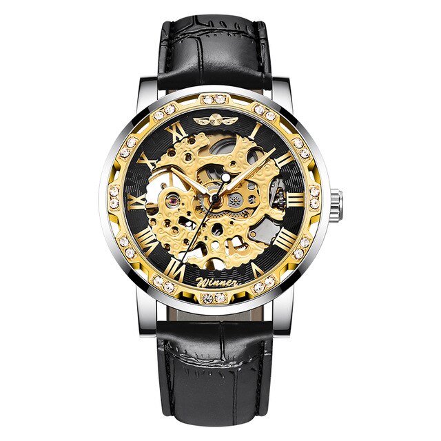 Winnaar Transparant Mode Diamant Display Lichtgevende Handen Versnelling Beweging Retro Mannen Mechanisch Skeleton Horloges: black gold