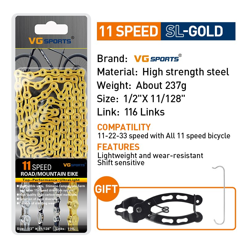 VG Sports Bicycle Chain 6 7 8 9 10 11 Speed 8s 9s 10s 11s Velocidade Titanium Rainbow Gold MTB Mountain Road Bike Chains Parts: Chocolate