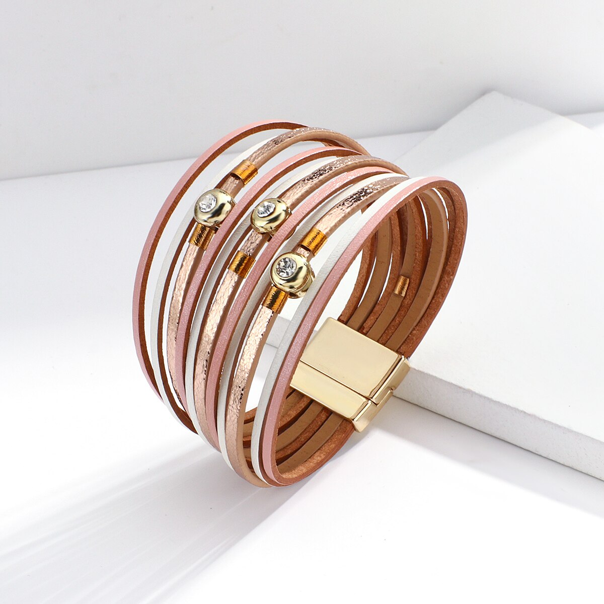 Allyes Simple Shiny Multilayer Slanke Strips Lederen Armband Voor Vrouwen Rhinestone Charm Wrap Armbanden Casual Vrouwelijke Sieraden: Pink