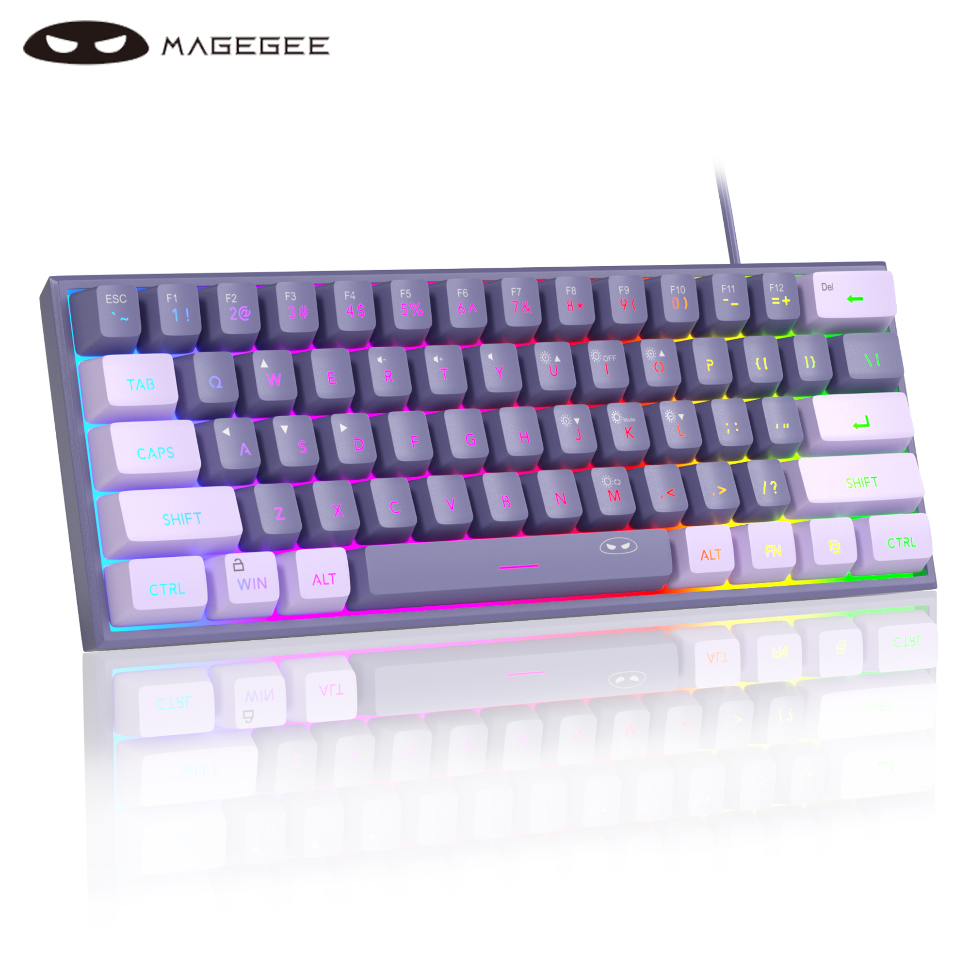 MageGee Mini teclado para juegos 60%, teclado ultracompacto retroiluminado RGB de 61 teclas, oficina de sensación mecánica impermeable ergonómica TS91: Morado