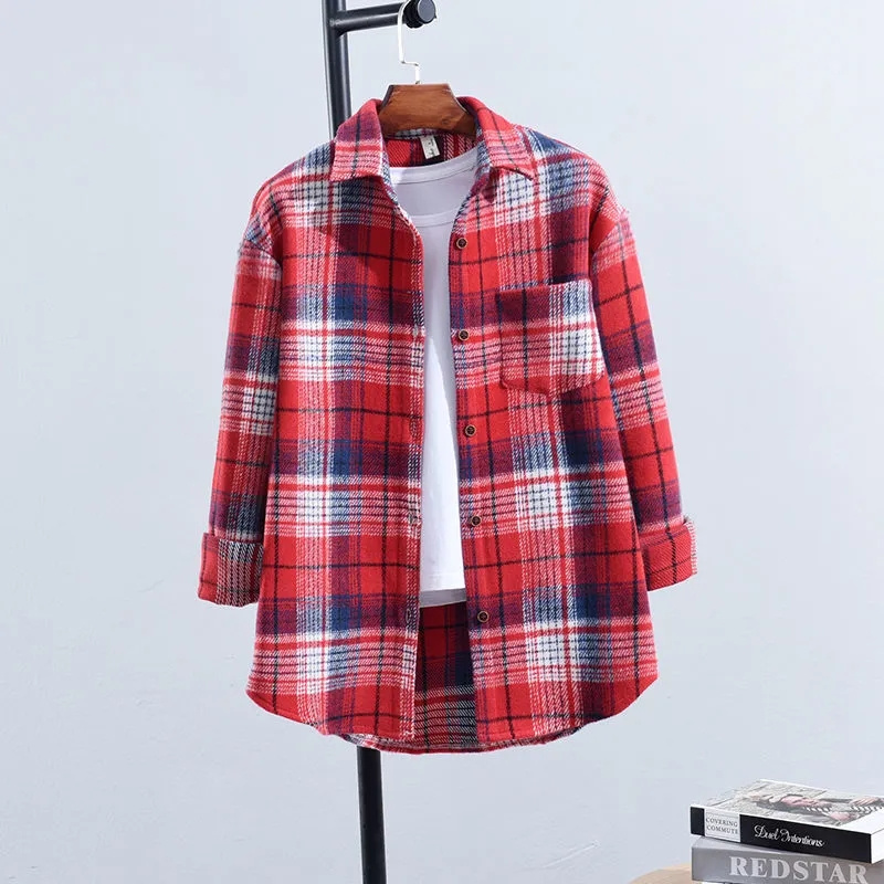 Spring Autumn Female Leisure Long Sleeves Shirt Women Plaid Woolen Cloth Cardigan Blouse Korean Ladies Loose Shirt: S / Khaki