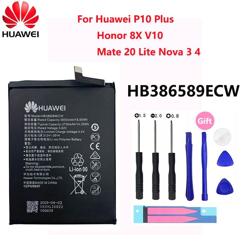 100% original hua wei hb386589ecw para huawei honra 8x 3650mah vista 10 companheiro 20 lite p10 plus p10plus nova 3 4 bateria batteria