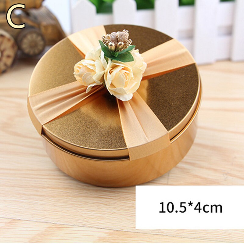 Luxury Gold Round Shape Tinplate Wedding Candy Box With Berry Flower Ribbon Metal Small Party Favors Chocolate Boxes: C-L
