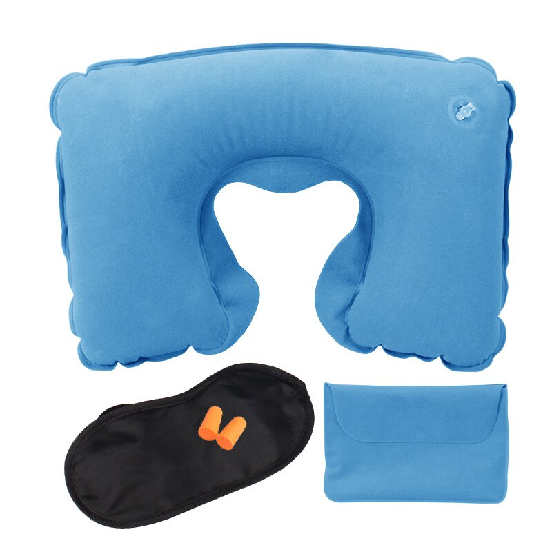 1 Set PVC Flocking Pillow Portable Travel Accessories Inflatable Neck Pillow U Shape Blow Up Neck Cushion Eye mask earplug: sky blue
