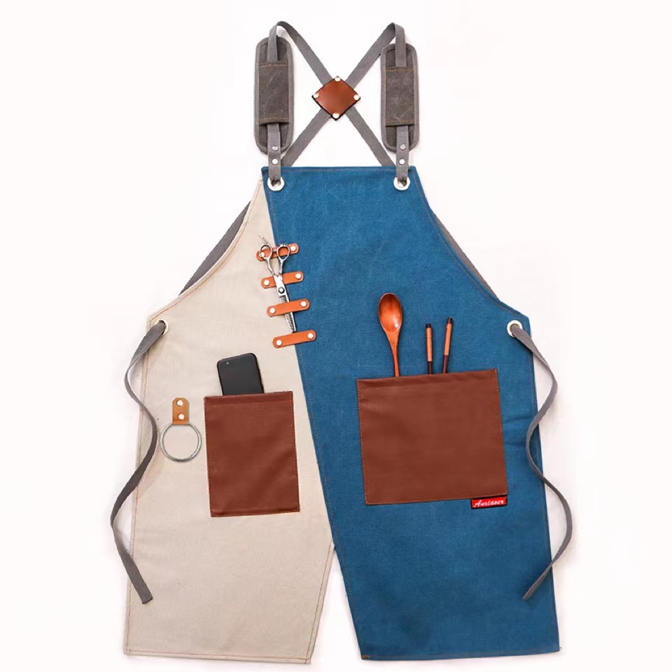 Canvas Chef Apron Cross Back with Pockets for Women Men Adjustable Strap And Large Pockets ApronKitchen Cooking Baking Bib: Blue and white