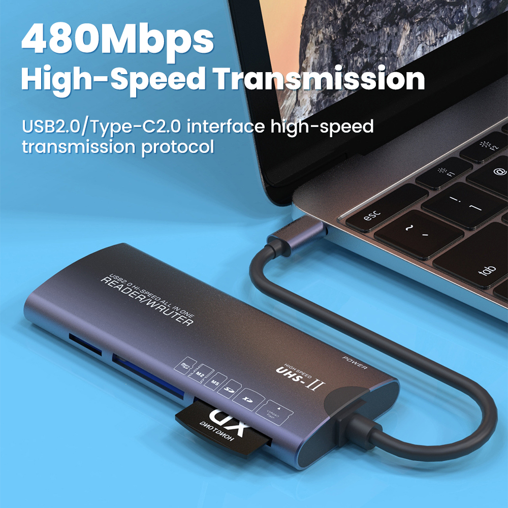 Elough 6-in-1-Kartenleser SD TF XD CF M2 Speicherkartenleser USB-Adapter Typ C Hochgeschwindigkeits-Datenübertragungskartenleser für Laptop