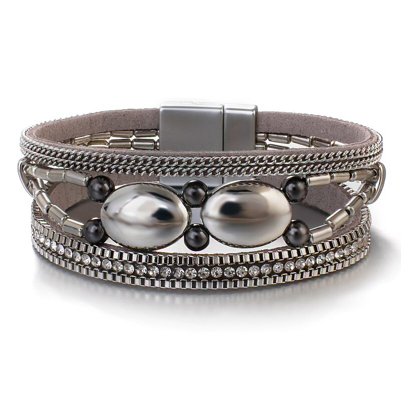 Allyes Leuke Kralen Metal Lederen Armbanden Voor Vrouwen Mode Goud Kleur Punk Wrap Armband Vrouwelijke Sieraden: silver