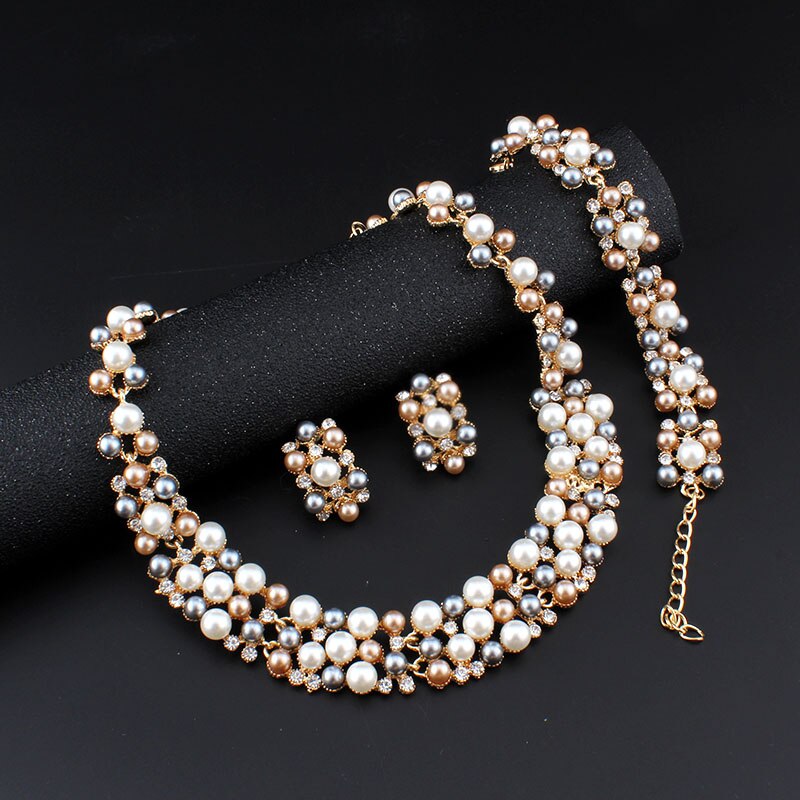 jiayijiaduo Wedding dress jewelry set Imitation pearl Necklace earrings Bracelet set For women Gold color party Christmas