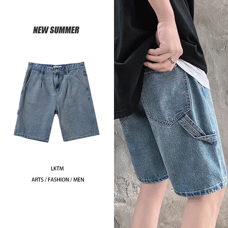 Pantalones cortos vaqueros de pierna ancha de estilo coreano para hombre, Vaqueros cortos holgados, rectos e informales, ropa de Retro, novedad de verano 2022