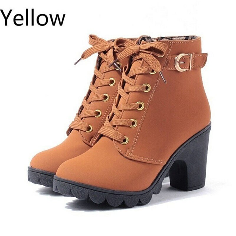 GAOKE Plus Size Enkellaars Vrouwen Platform Hoge Hakken vrouwen Laarzen Gesp Schoenen Dikke Hak Korte Laars Dames