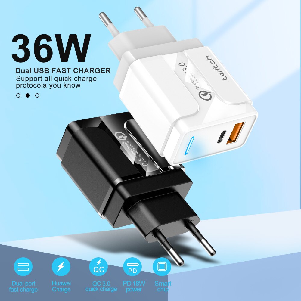 Twitch Quick Charge 4.0 3.0 Usb Lader 36W Qc 4.0 3.0 Usb Pd Lader Snel Telefoon Oplader Voor Iphone 11 Pro Xr Xiaomi Mi10 Huawei