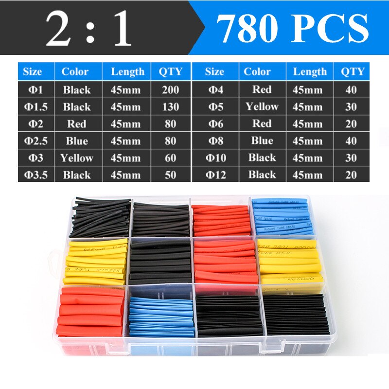 2：1 Shrinking Tubing Assorted Wire Cable Insulation Sleeving,Thermoresistant Tube Heat Shrink Wrapping Kit: 780pcs color Boxed