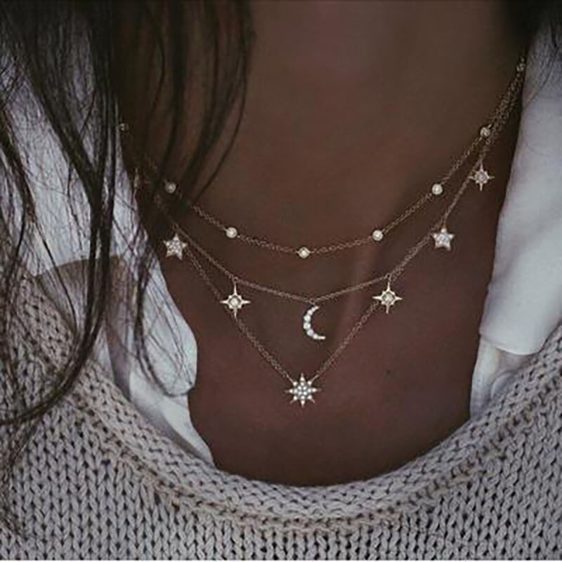 FNIO Boho Multi-layer Crystal Pendant Necklace Women Gold Necklace Vintage Multi-element Choker Necklace Jewelry: LNI01047