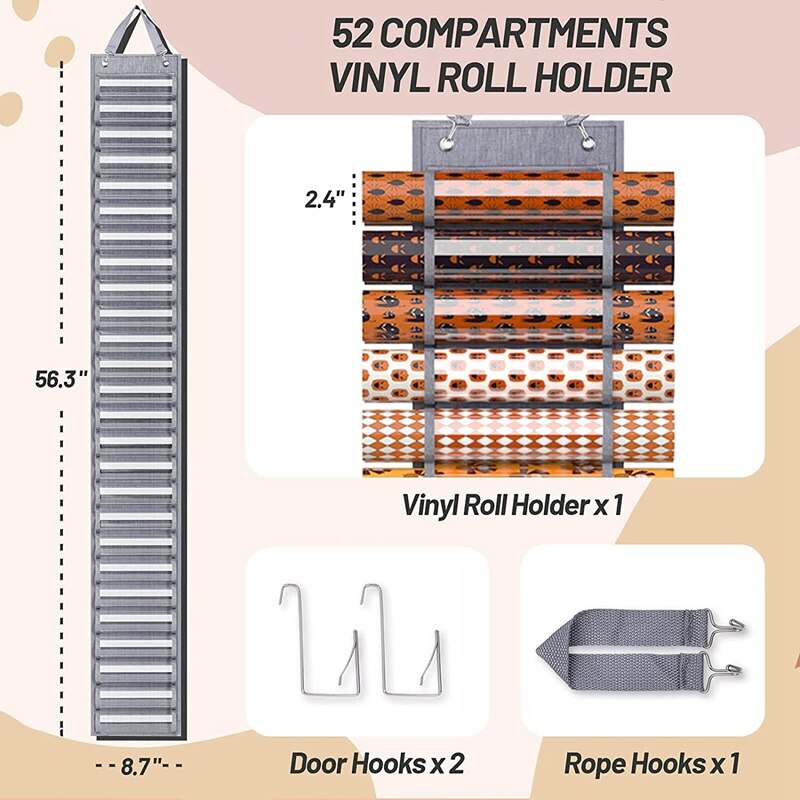 Vinyl Roll Holder With 52 Compartments, Vinyl Organizer Storage Rack Wall Mount Clear Vinyl Hanging Bag With Door Hooks