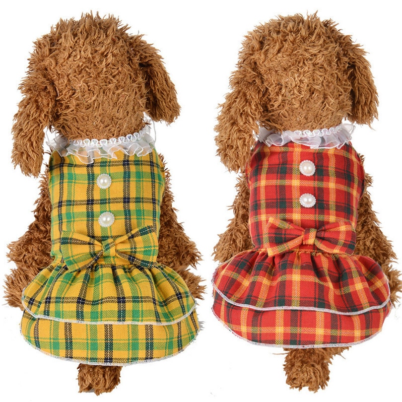 Puppy Plaid Dog Dress with Pearl Button Cute Dog Skirt Pet Cat Princess Apparel Clothes Party Dress for Small Dogs Robe Chien