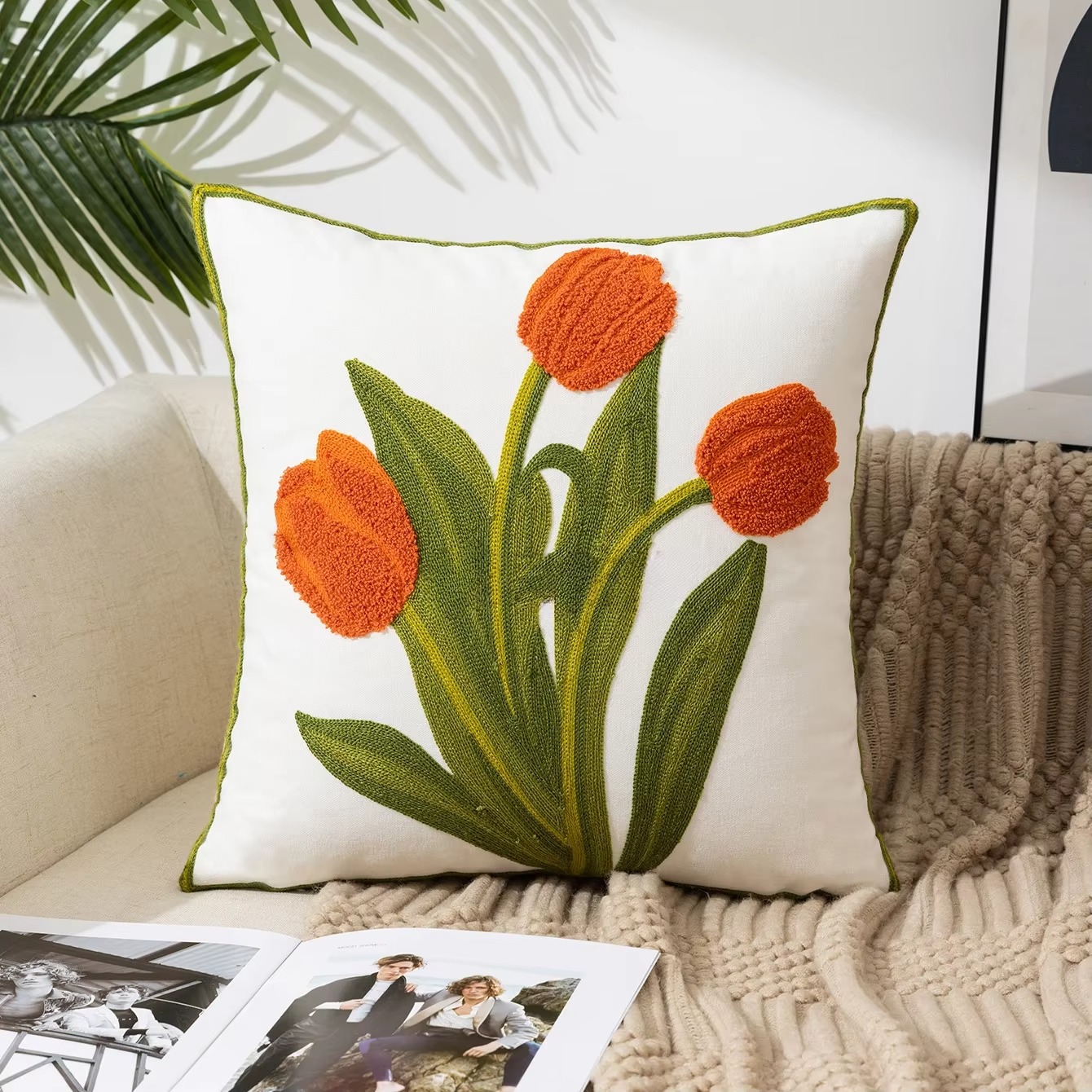 45X45CM Bloem Geborduurde Sierkussen Cover Plant Handdoek Moderne Stempelen Taille Kussenhoes Decor Home Decoratieve kussensloop