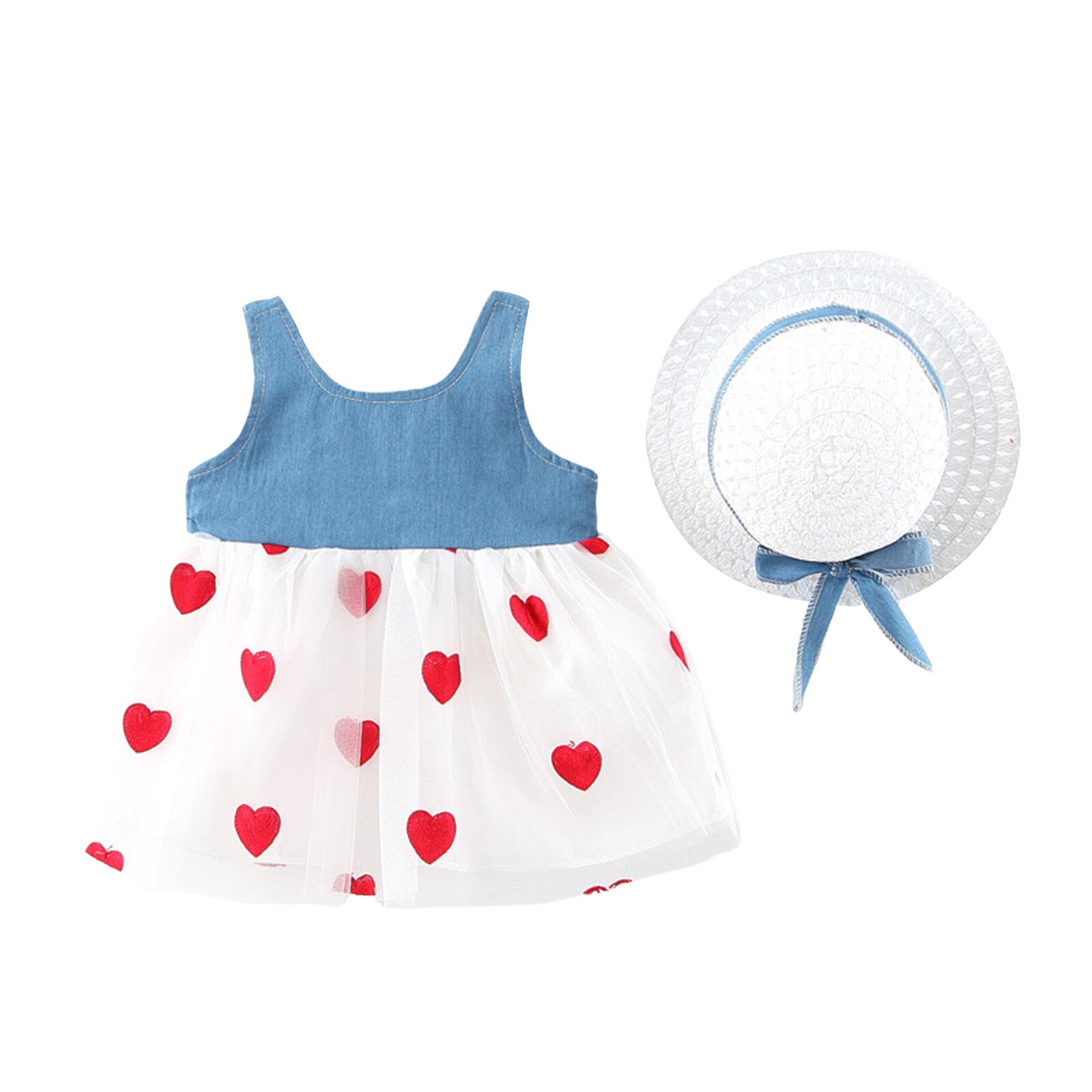 Abito estivo per bambine, ricamo a cuore fiocco decorazione maglia impunture Denim senza maniche bretella gonna principessa + cappello di paglia