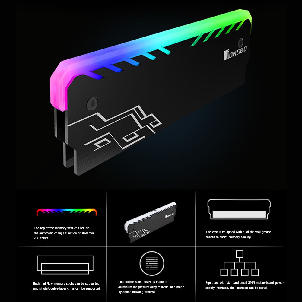 Jonsbo RGB RAM Heatsink DDR DDR3 DDR4 Memory Cooling Heat Spreader Cooler for Desktop PC Computer Gaming Overclocking