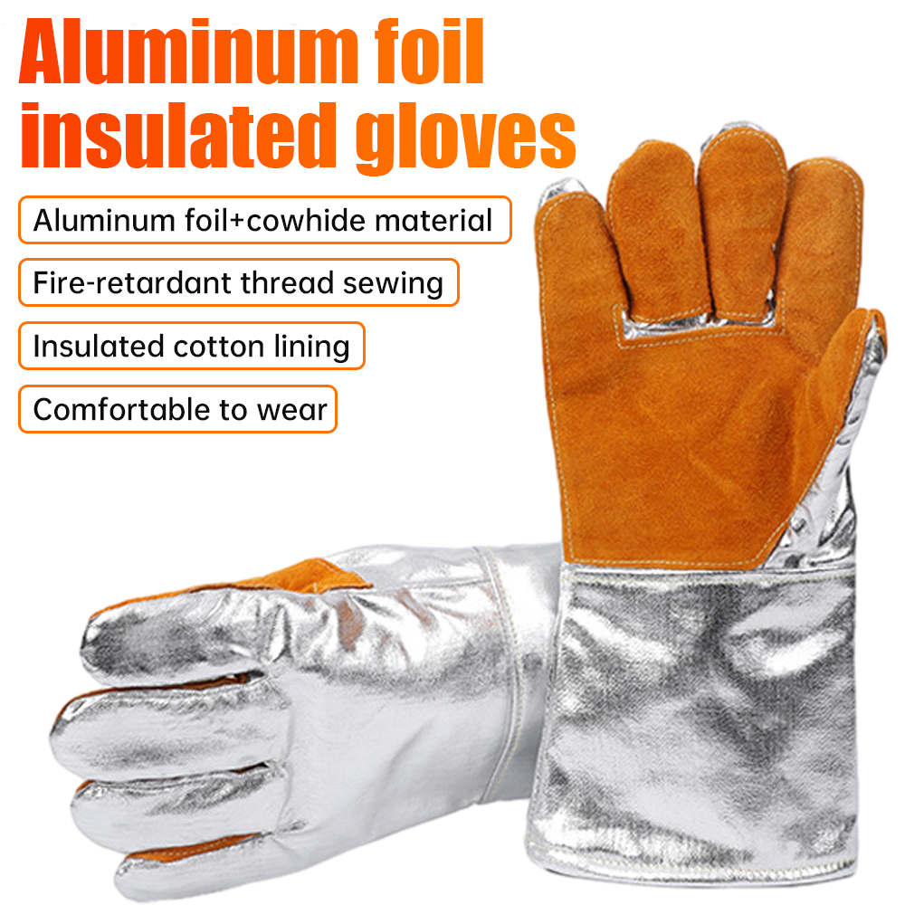 Gants extrêmement ignifuges et résistants à la chaleur, en cuir, feuille d'aluminium, Anti-brûlure, pour cheminée, four, soudage, travail à haute température