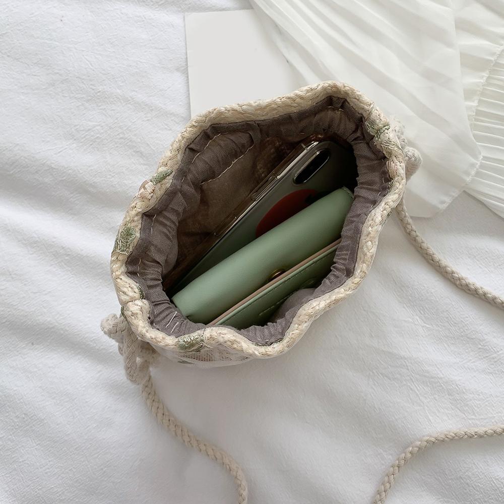 Female Casual Embroidery Lace Flower Decor Shoulder Handbags Women Straw Drawstring Crossbody Messenger Bags bolsa feminina