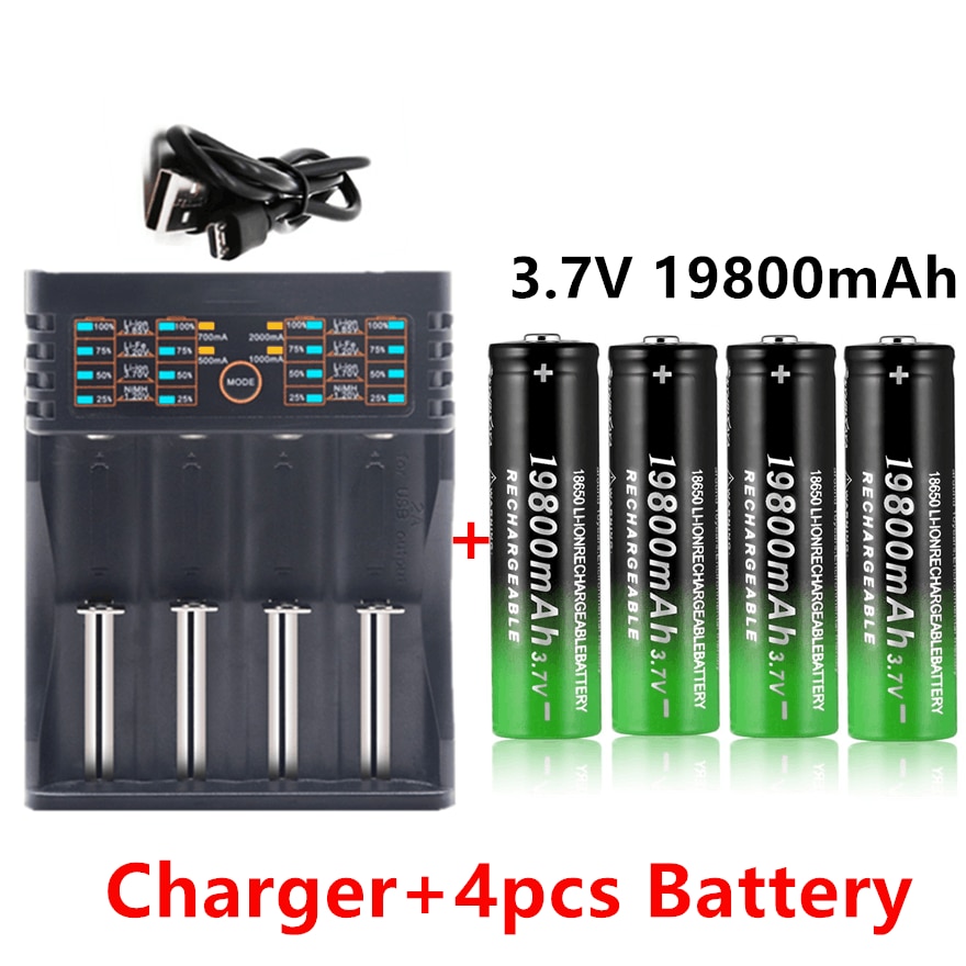 100% 18650 battery 3.7V 19800mAh rechargeable liion battery for Led flashlight battery 18650 battery +USB charger