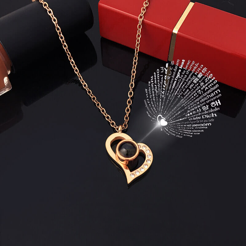 Conjunto de colar de projeção com caixa de presente rosa 100 idiomas eu te amo coração pingente jóias 2024 para presentes namorada dropshipping