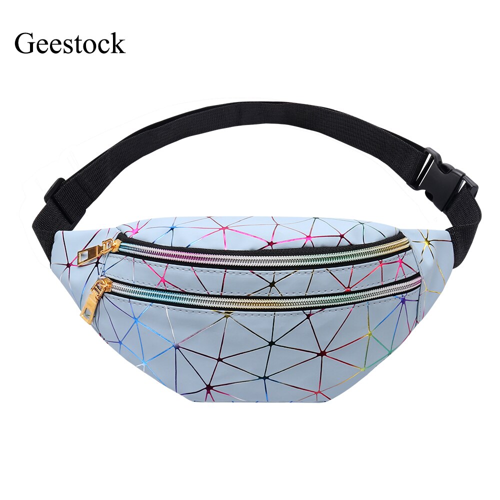 Geestock holografiske talje tasker til kvinder banan kvindelig fanny pack hoftebæltetaske geometriske talje pakker brystposer: Blå