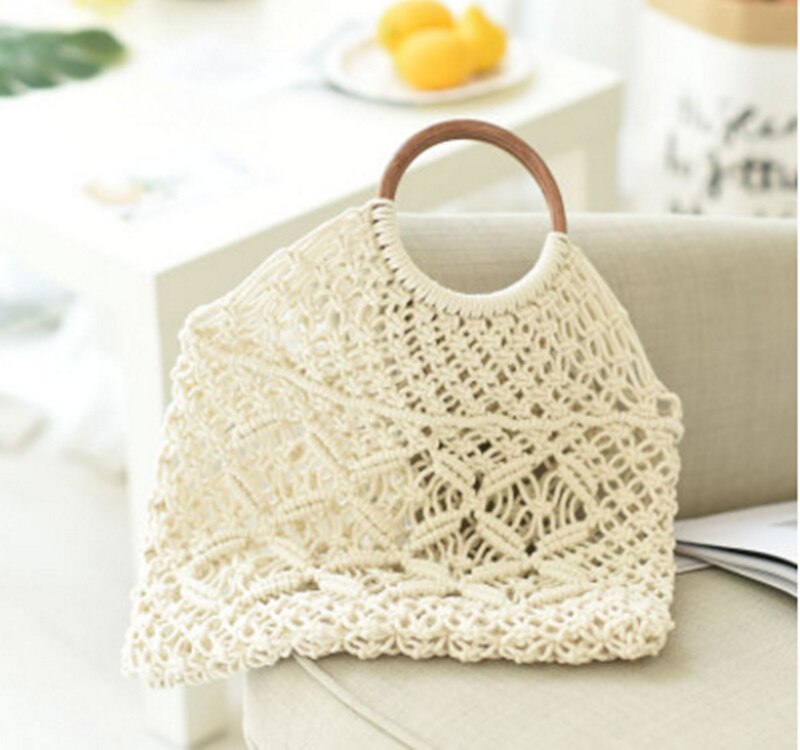 Women's Hollow Out Mesh Rope Weaving Buckle Travel Handbag