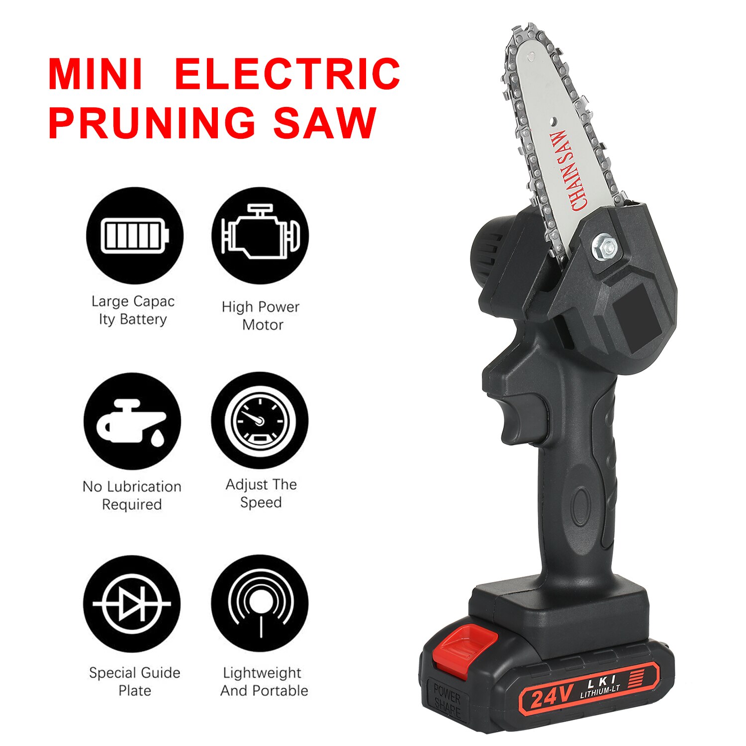 24V Chainsaw 4-Inch 2x1500mAh Cordless Power Chain Saws Portable Electric Pruning Saw for Courtyard Tree Branch Wood Cutting