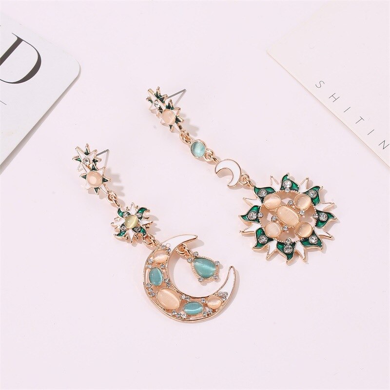 LATS Sun Moon Earrings Color Exaggerated Asymmetrical Opal Earrings for Women Baroque Long Stud Earring Jewelry