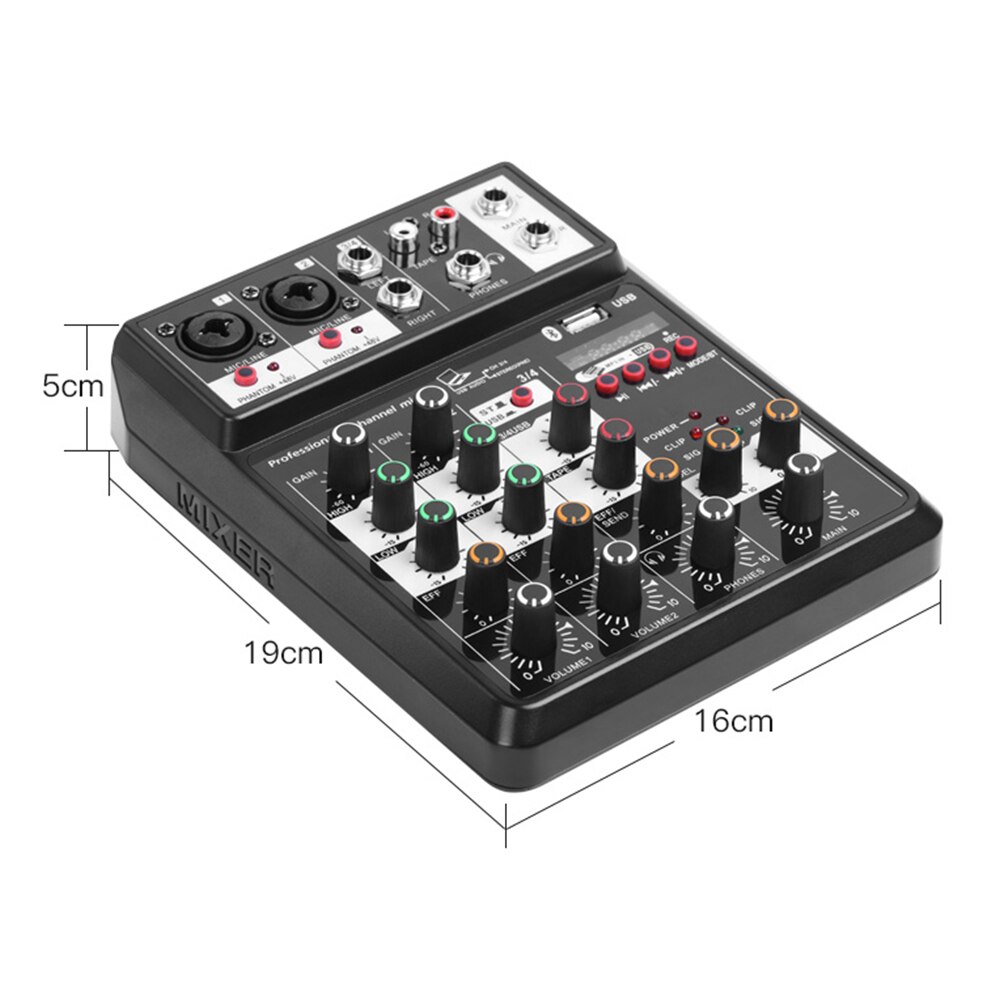 4 Channels Audio Mixer Sound Mixing Console with Bluetooth USB Record 48V Phantom Power MonitorEffects for home music production